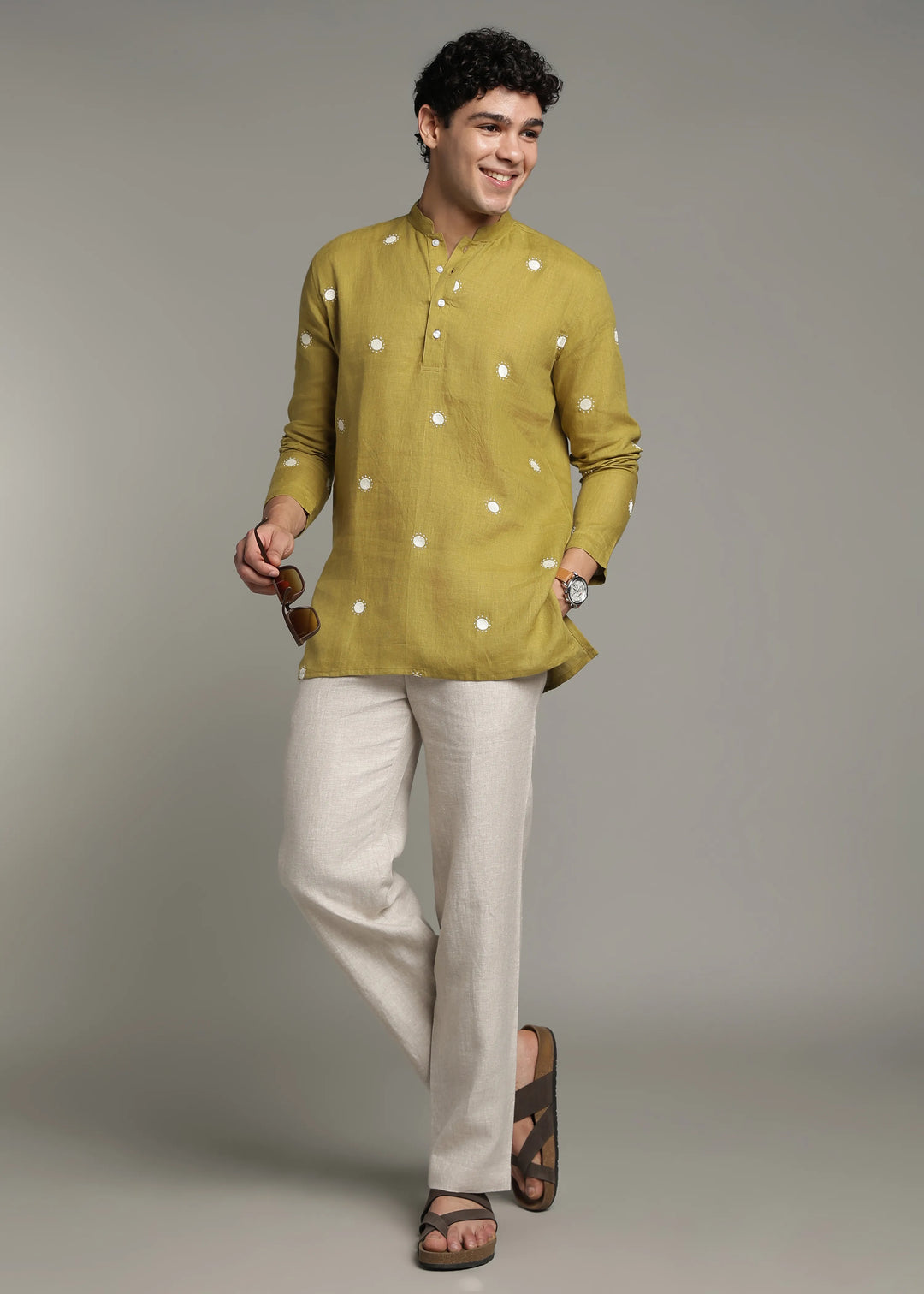 Dot - Pure Linen Embroidered Full Sleeve Short Kurta - Sap Green