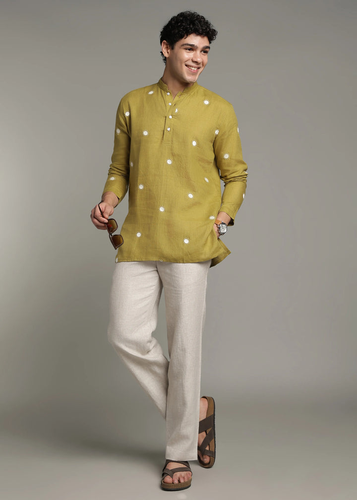 Dot - Pure Linen Embroidered Full Sleeve Short Kurta - Sap Green