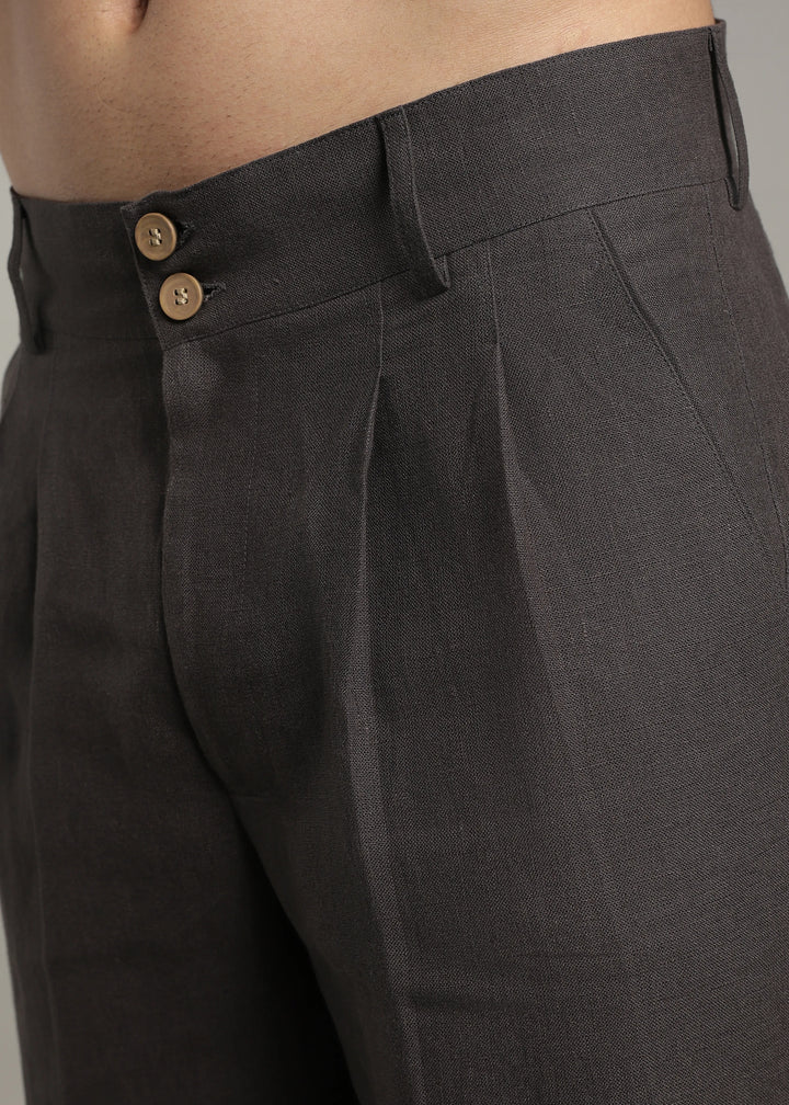 Ashford - Pure Linen Double Pleated High Waisted Trousers - Fossil Grey
