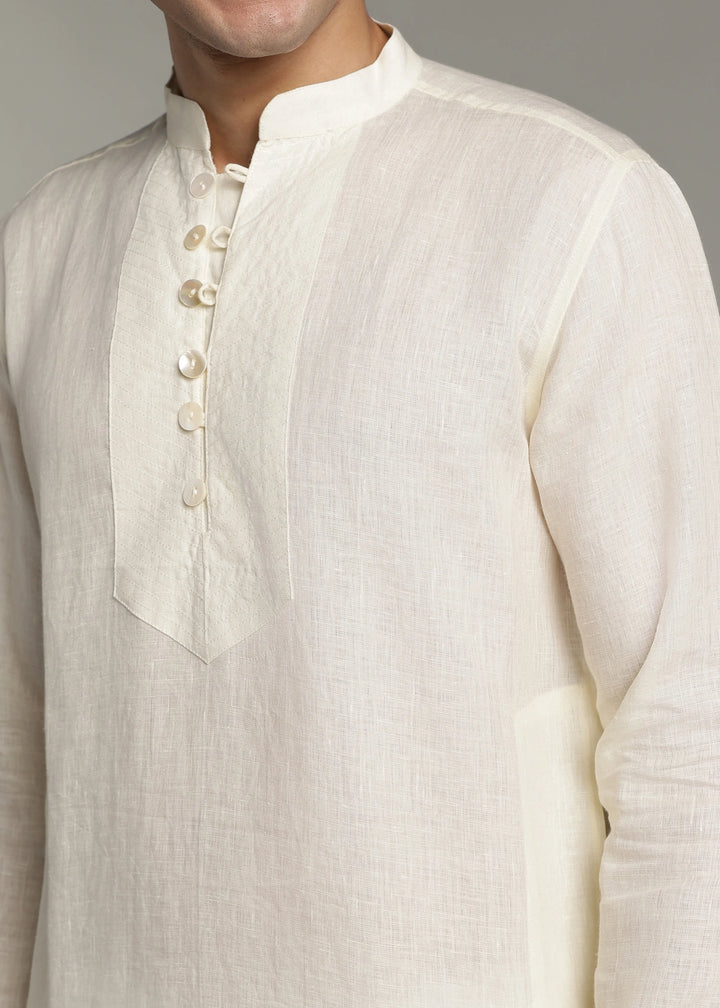 Taj - Pure Linen Long Kurta with Yolk Stitch Detail and Mother Of Pearl Buttons - Creme White