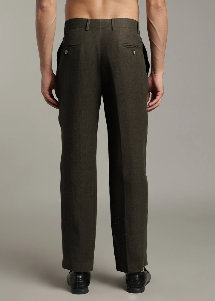 Calvin - Pure Linen Double Pleated Trousers - Camo Green