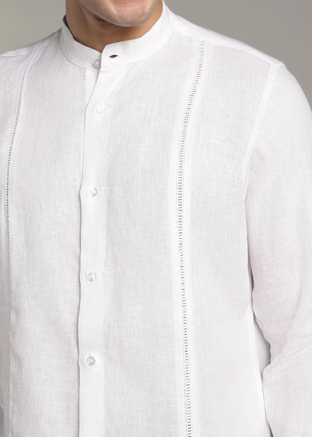 Zephr - Pure Linen Mandarin Collar Lace Detail Full Sleeve Shirt - White
