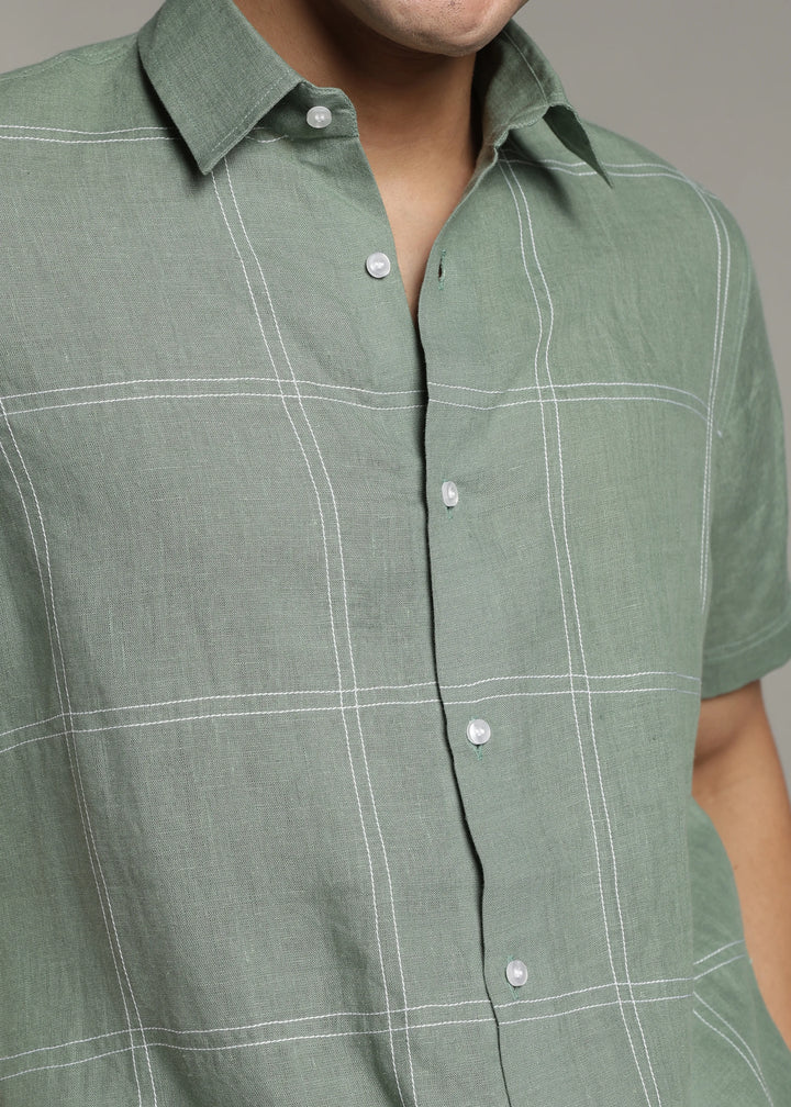 Mitch - Pure Linen Half Sleeve Stitch Detailed Checks Shirt - Spring Green
