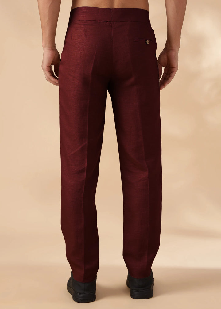 Foster - Pure Linen Trousers with Stylised Waistband - Dark Maroon