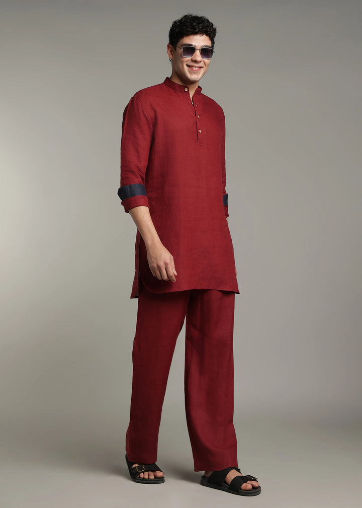Palat - Pure Linen Kurta and Pant Co-ord Set - Red Wine
