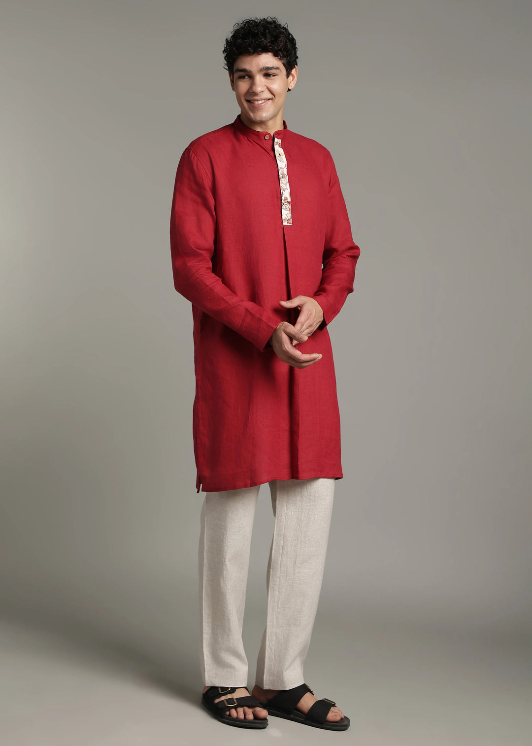 Vansh - Pure Linen Regular Kurta with Printed Placket detail - Mud Red