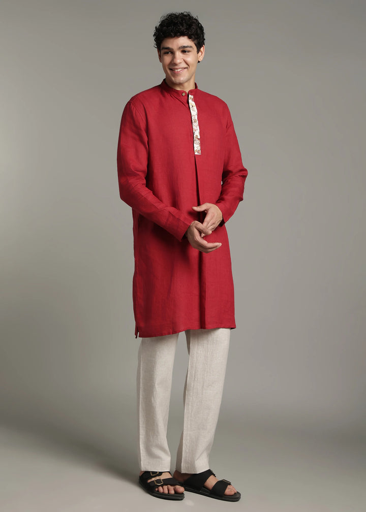 Vansh - Pure Linen Regular Kurta with Printed Placket detail - Mud Red