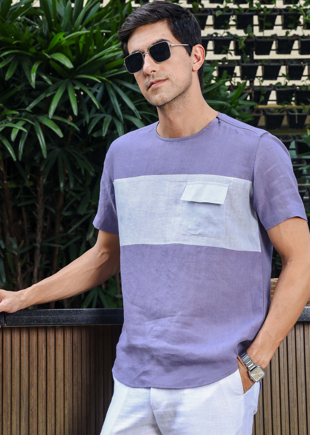 Zach - Double Colour Block Linen Short Sleeve T-Shirt - Lavender Violet & Periwinkle Blue