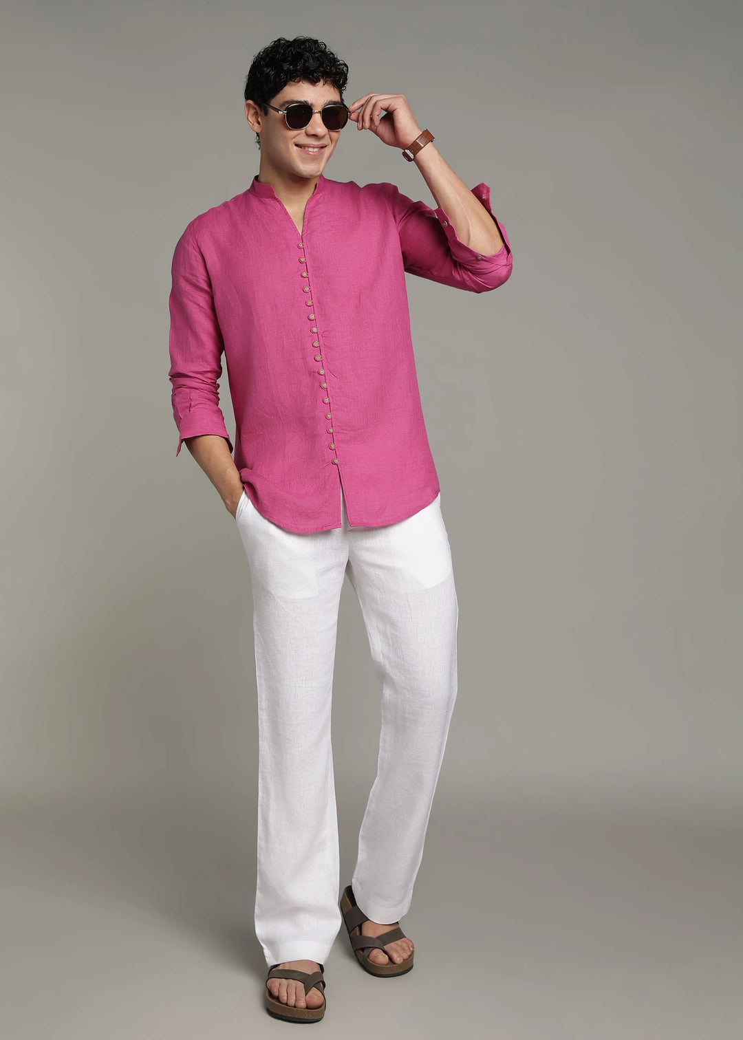 Yue - Pure Linen V Neck Full Sleeve Shirt - Raspberry Pink