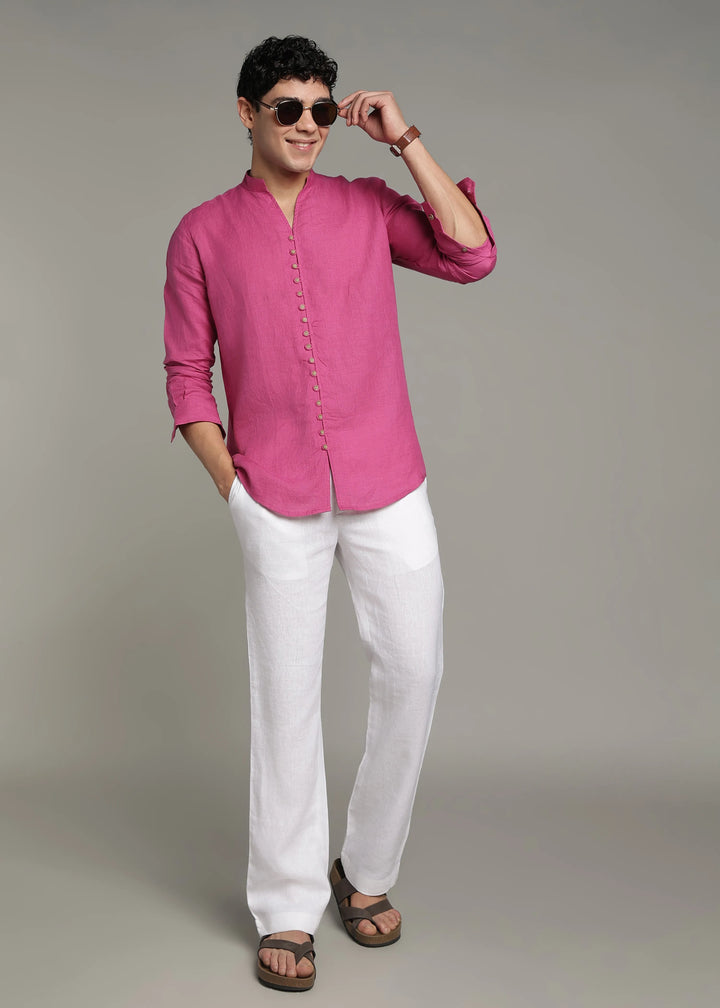 Yue - Pure Linen V Neck Full Sleeve Shirt - Raspberry Pink