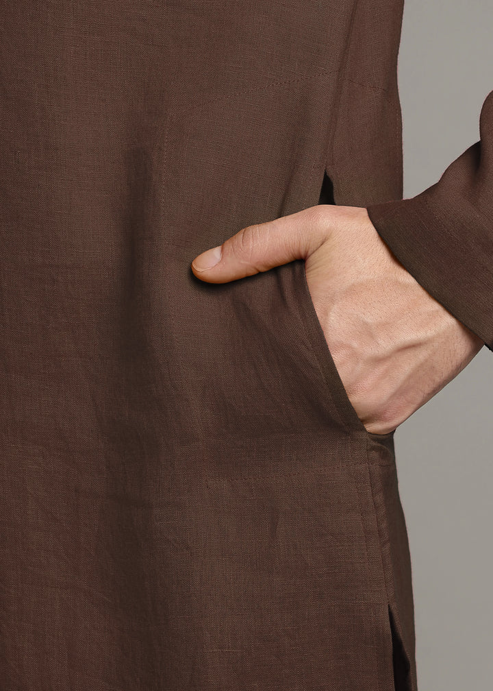 Vansh - Pure Linen Regular Kurta with Printed Placket detail - Coffee Brown