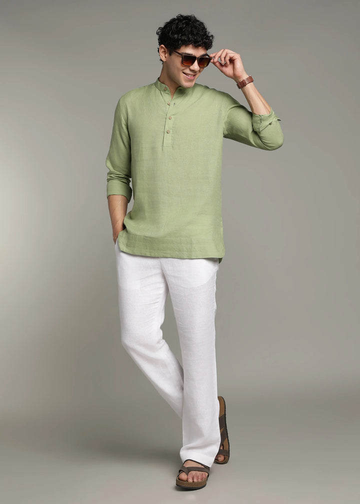 Saif - Pure Linen Full Sleeve Short Kurta with Hem Stitch Detail - Peppermint Green