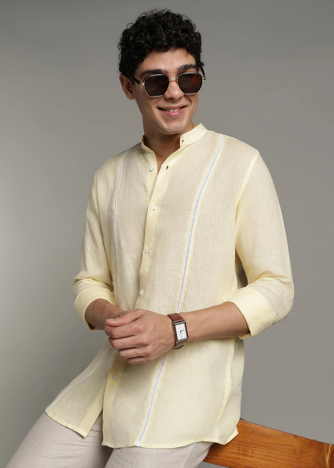 Zephr - Pure Linen Mandarin Collar Lace Detail Full Sleeve Shirt - Light Yellow