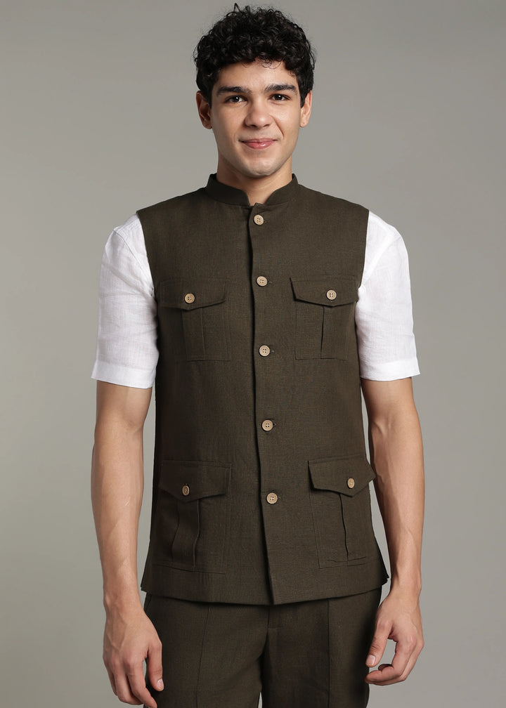 Safar - Multi Pocket Pure Linen Nehru Jacket - Camo Green