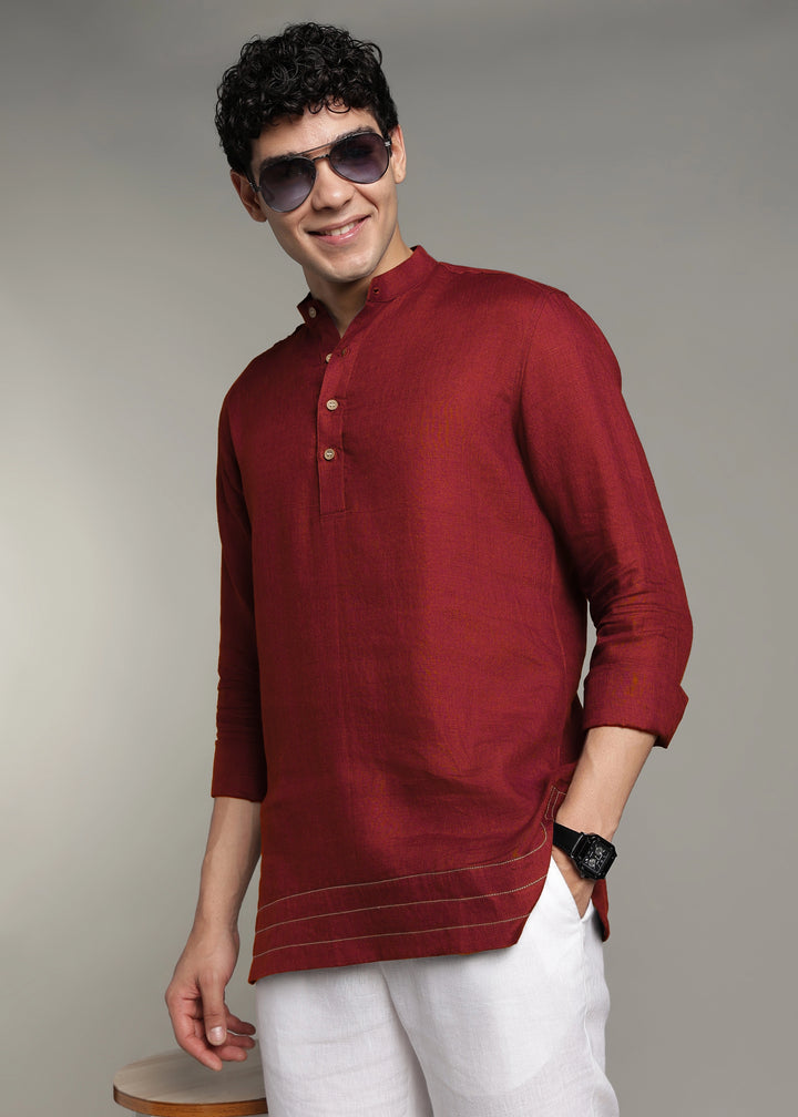 Saif - Pure Linen Full Sleeve Short Kurta with Hem Stitch Detail - Red Wine