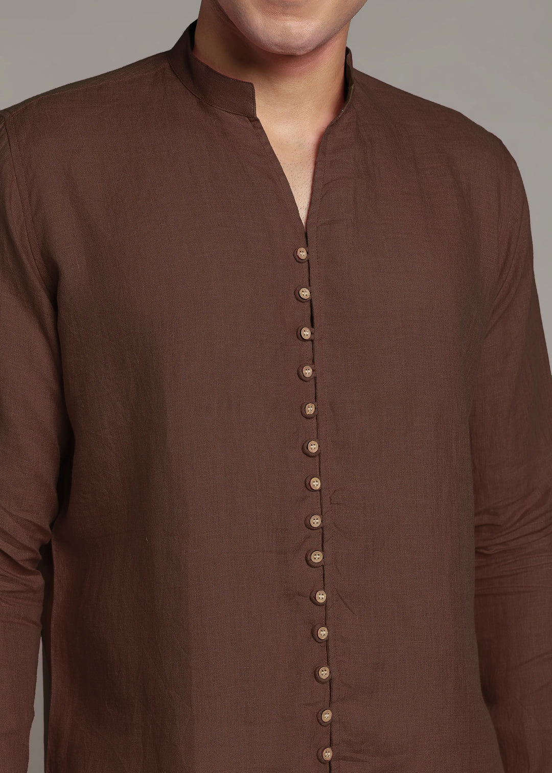 Yue - Pure Linen V Neck Full Sleeve Shirt - Coffee Brown