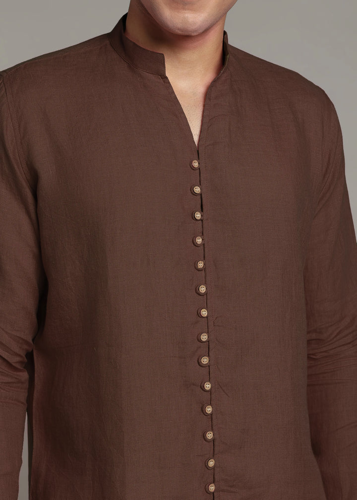 Yue - Pure Linen V Neck Full Sleeve Shirt - Coffee Brown