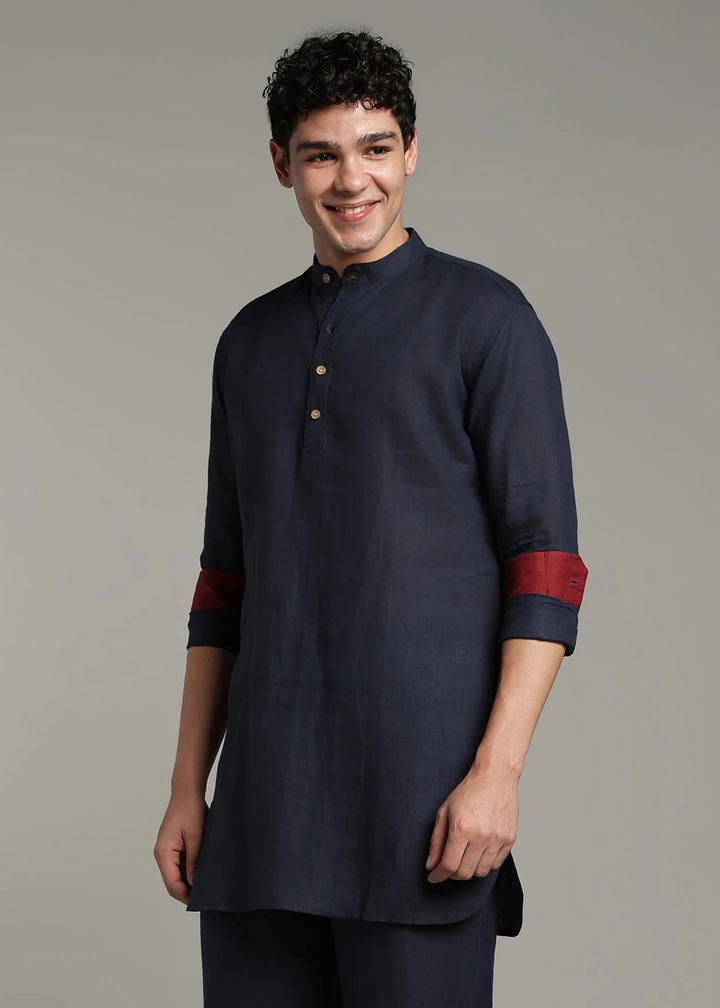 Palat - Pure Linen Regular Kurta with Contrast Inner Cuff Detail - Dark Blue