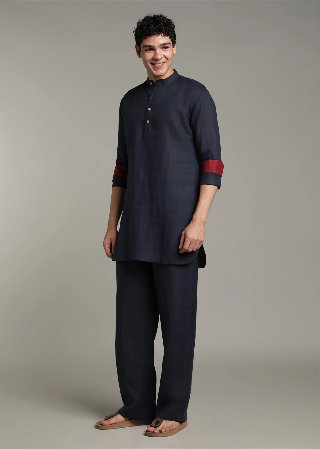 Palat - Pure Linen Regular Kurta with Contrast Inner Cuff Detail - Dark Blue