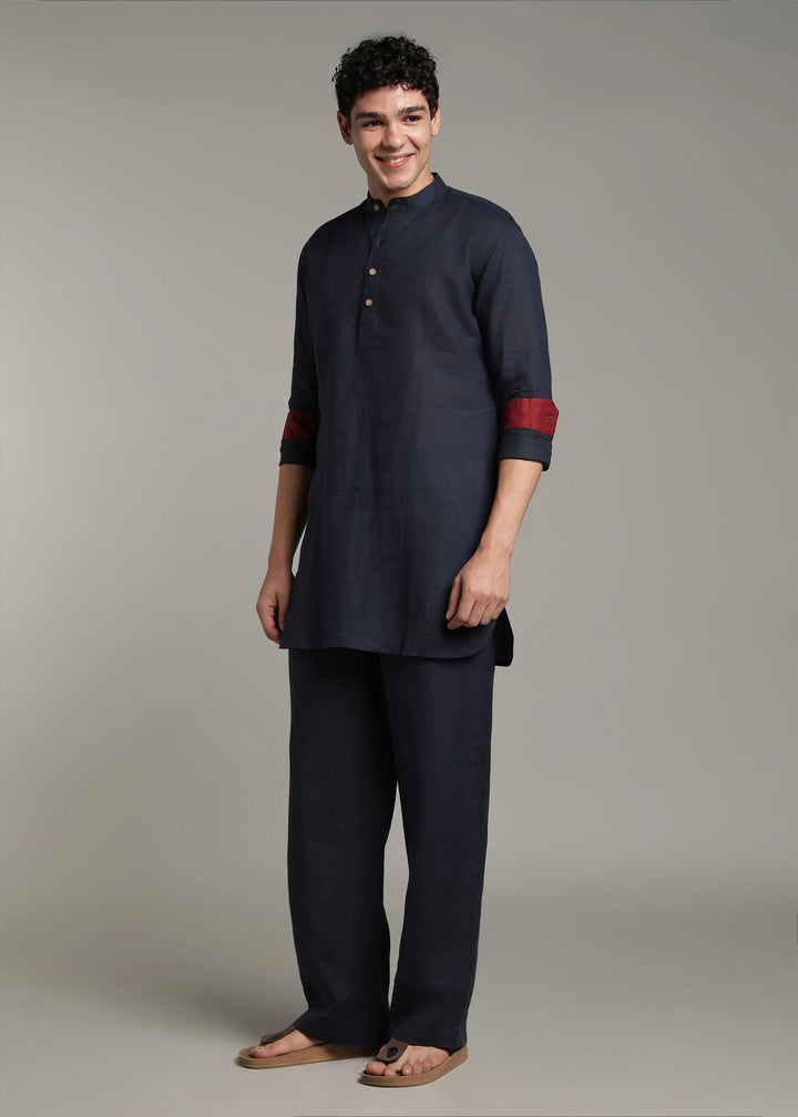 Palat - Pure Linen Regular Kurta with Contrast Inner Cuff Detail - Dark Blue
