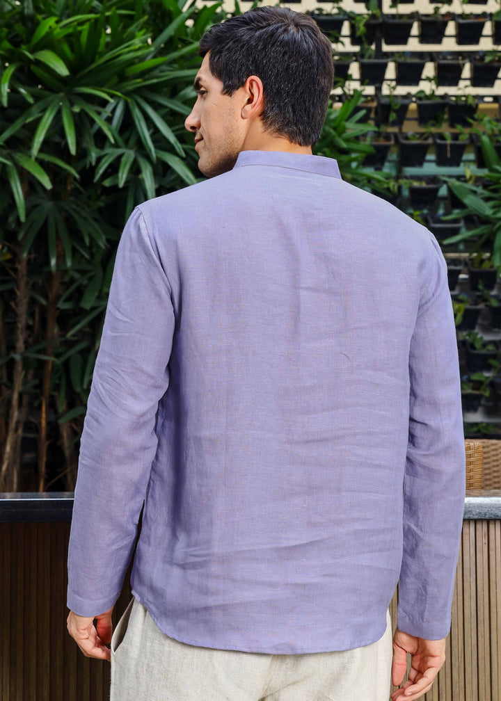 Arnav - Full Sleeve Broad-Notched Collar Pure Linen Short Kurta - Lavender Violet