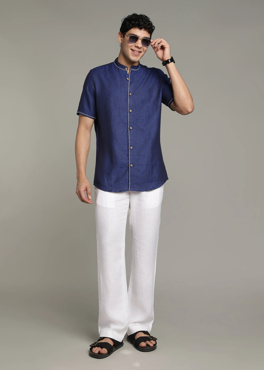 Oram - Pure Linen Half Sleeve Shirt - Prussian Blue