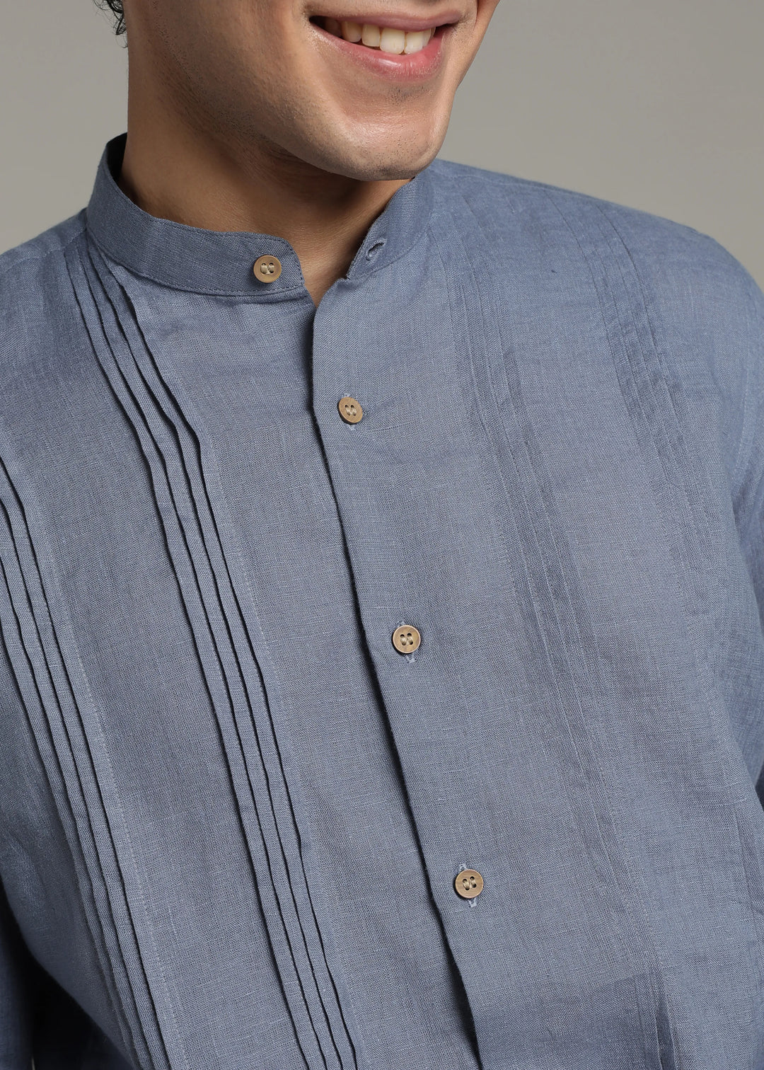 Archer - Pure Linen Mandarin Collar Pleat Detail Full Sleeve Shirt - Blue Grey