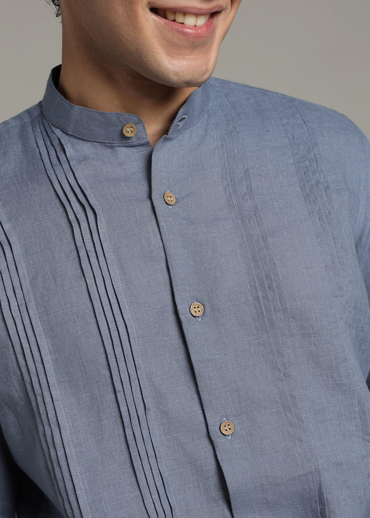 Archer - Pure Linen Mandarin Collar Pleat Detail Full Sleeve Shirt - Blue Grey