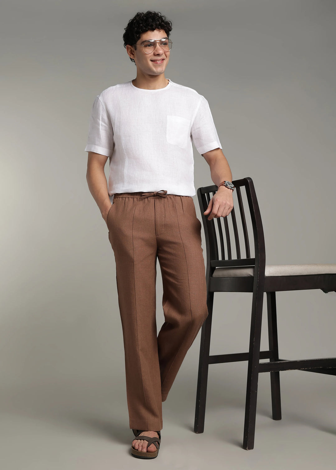 Art Pants - Pure Linen Elastic Casual Pants with Drawstrings - Walnut Brown