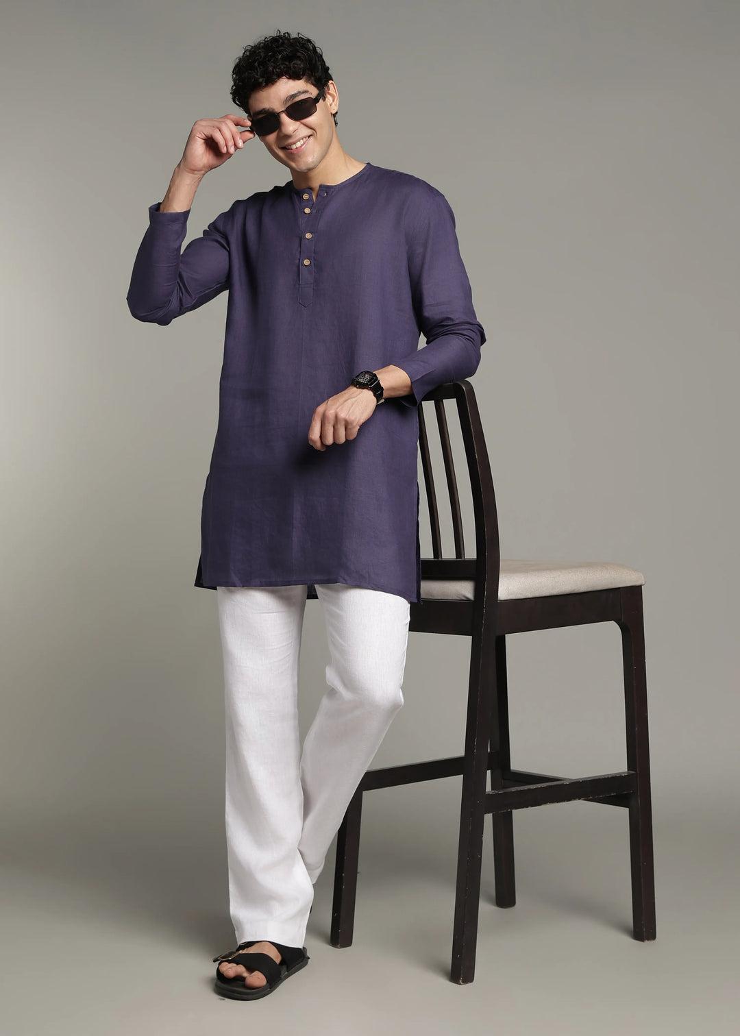 Zouq - Full Sleeve Collarless Pure Linen Mid Kurta  - Lapis Violet