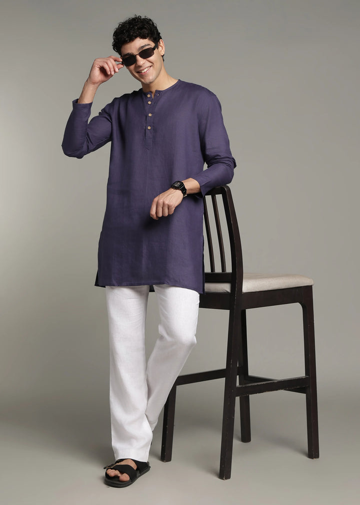 Zouq - Full Sleeve Collarless Pure Linen Mid Kurta  - Lapis Violet