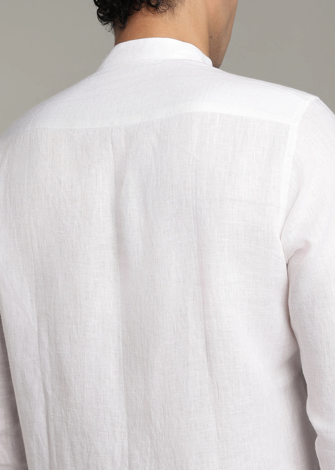Zephr - Pure Linen Mandarin Collar Lace Detail Full Sleeve Shirt - White