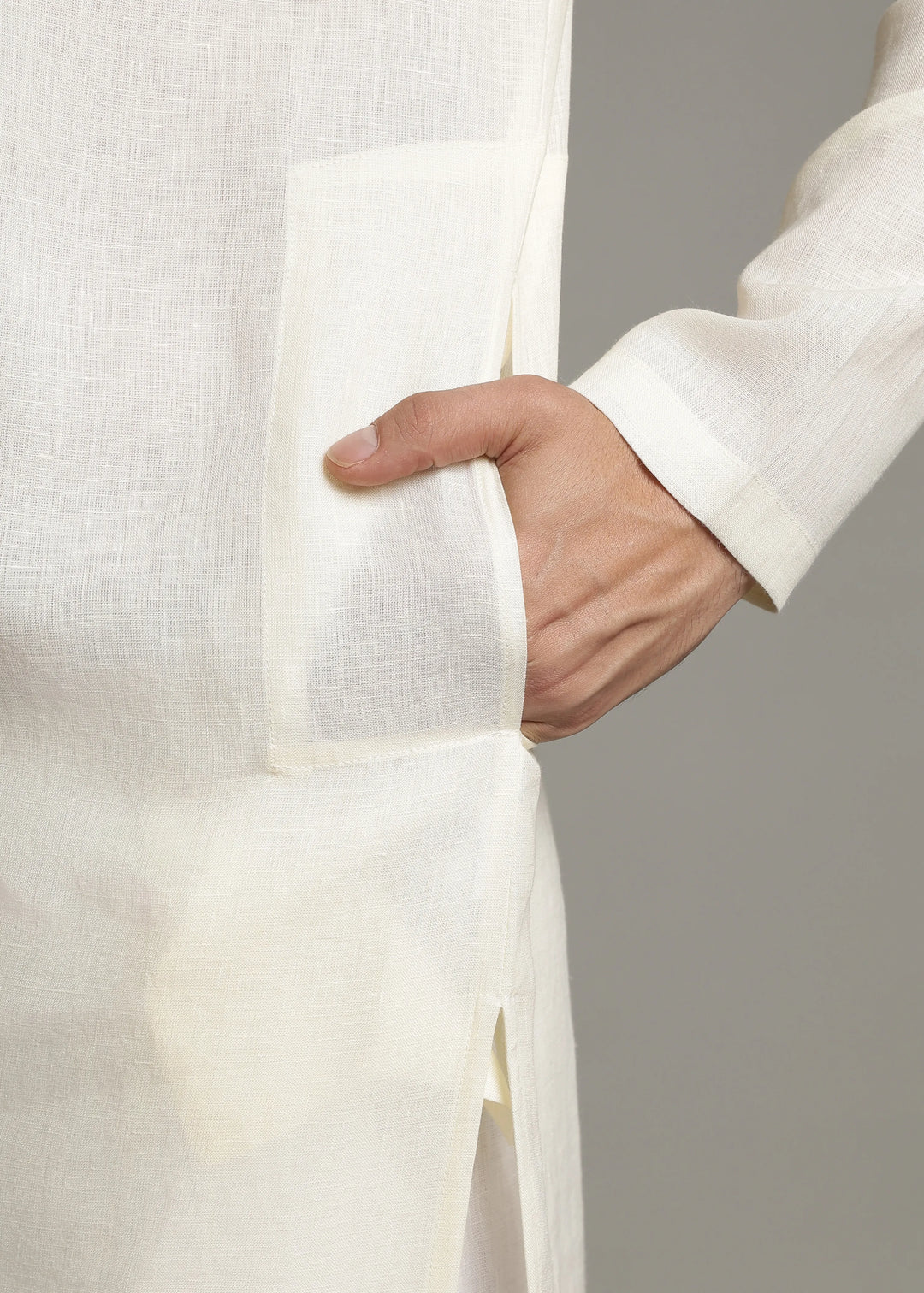 Taj - Pure Linen Long Kurta with Yolk Stitch Detail and Mother Of Pearl Buttons - Creme White