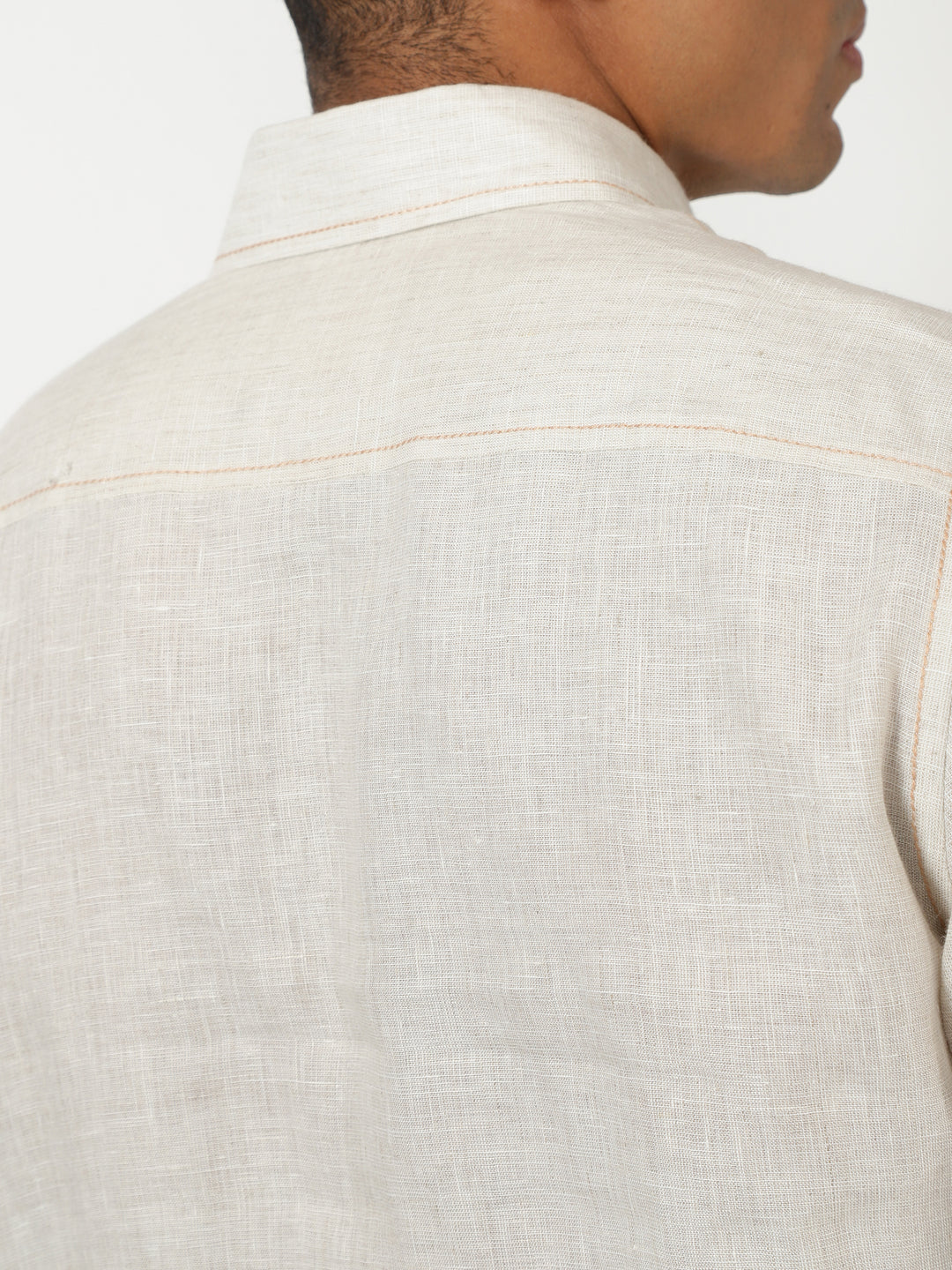Paul - Pure Linen Stitch Detailed Full Sleeve Shirt - Light Ecru