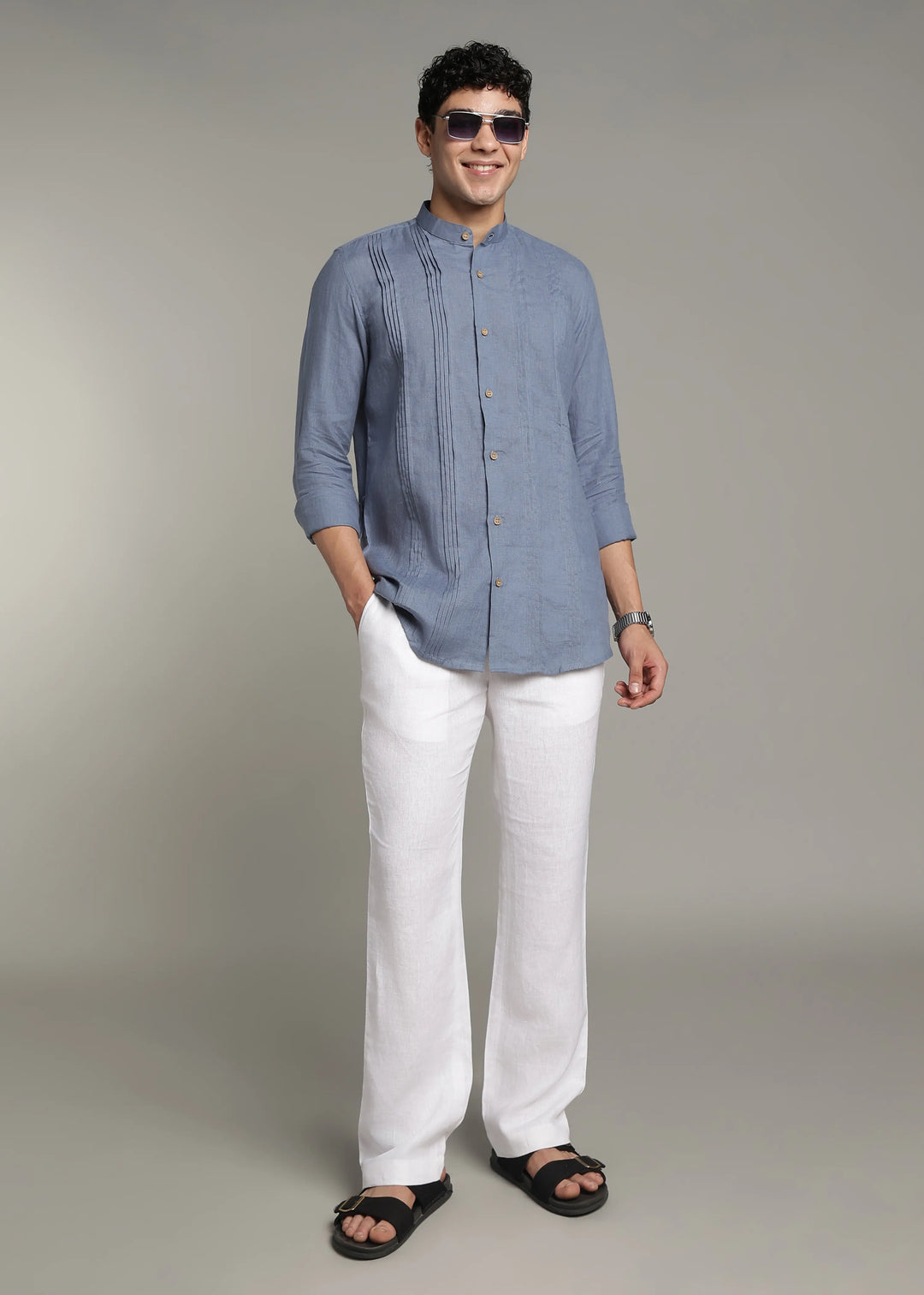 Archer - Pure Linen Mandarin Collar Pleat Detail Full Sleeve Shirt - Blue Grey