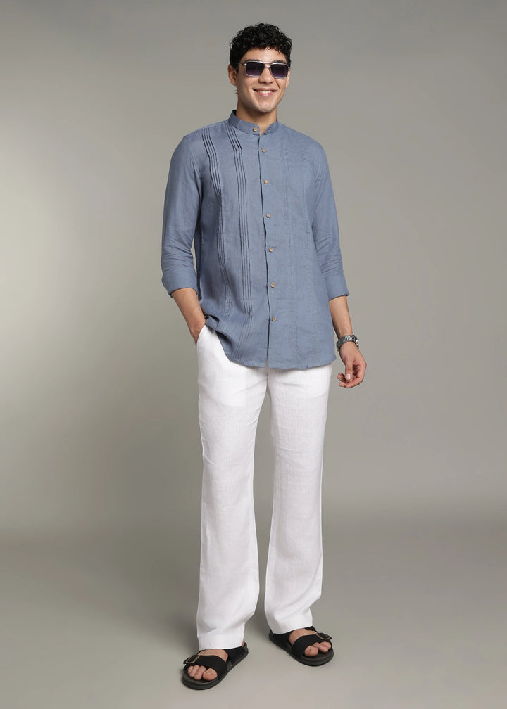 Archer - Pure Linen Mandarin Collar Pleat Detail Full Sleeve Shirt - Blue Grey