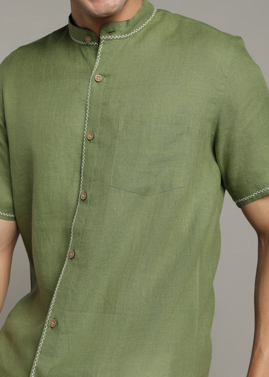 Oram - Pure Linen Half Sleeve Shirt - Cossack Green