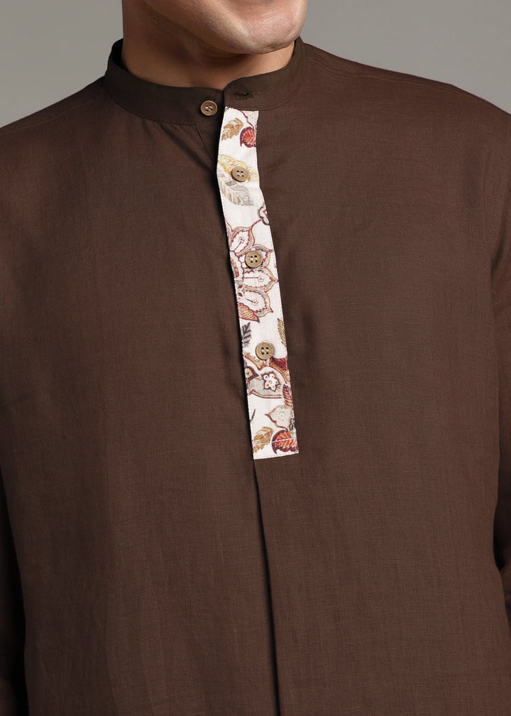 Vansh - Pure Linen Regular Kurta with Printed Placket detail - Coffee Brown