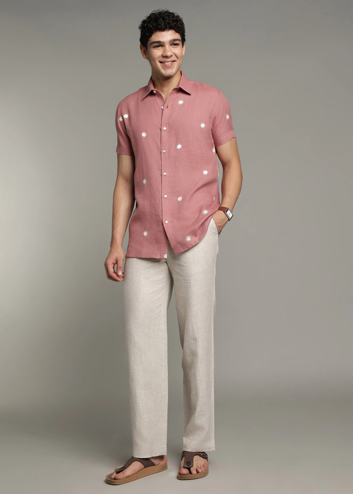 Dot - Pure Linen Embroidered Half Sleeve Shirt - Dusty Pink