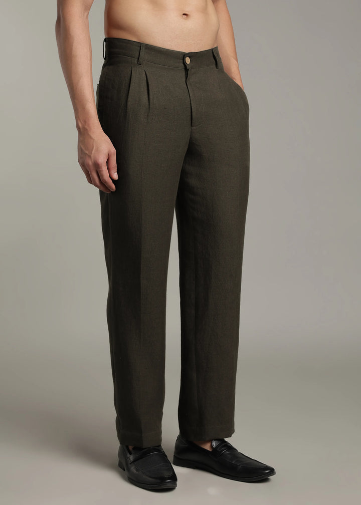 Calvin - Pure Linen Double Pleated Trousers - Camo Green