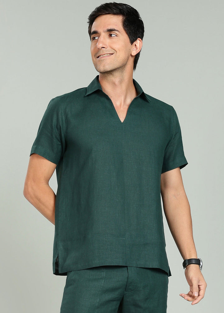 Noel Pure Linen T-Shirt & Shorts Co-Ord Set | Dark Pine Green
