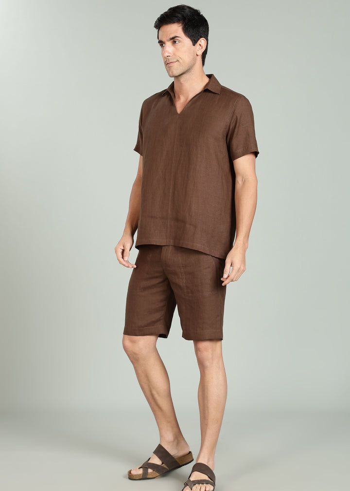 Noel T Shirt - Pure Linen Pullover T shirt - Coffee Brown