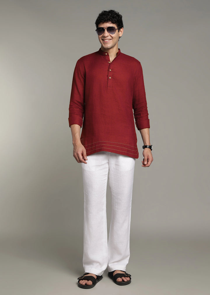 Saif - Pure Linen Full Sleeve Short Kurta with Hem Stitch Detail - Red Wine