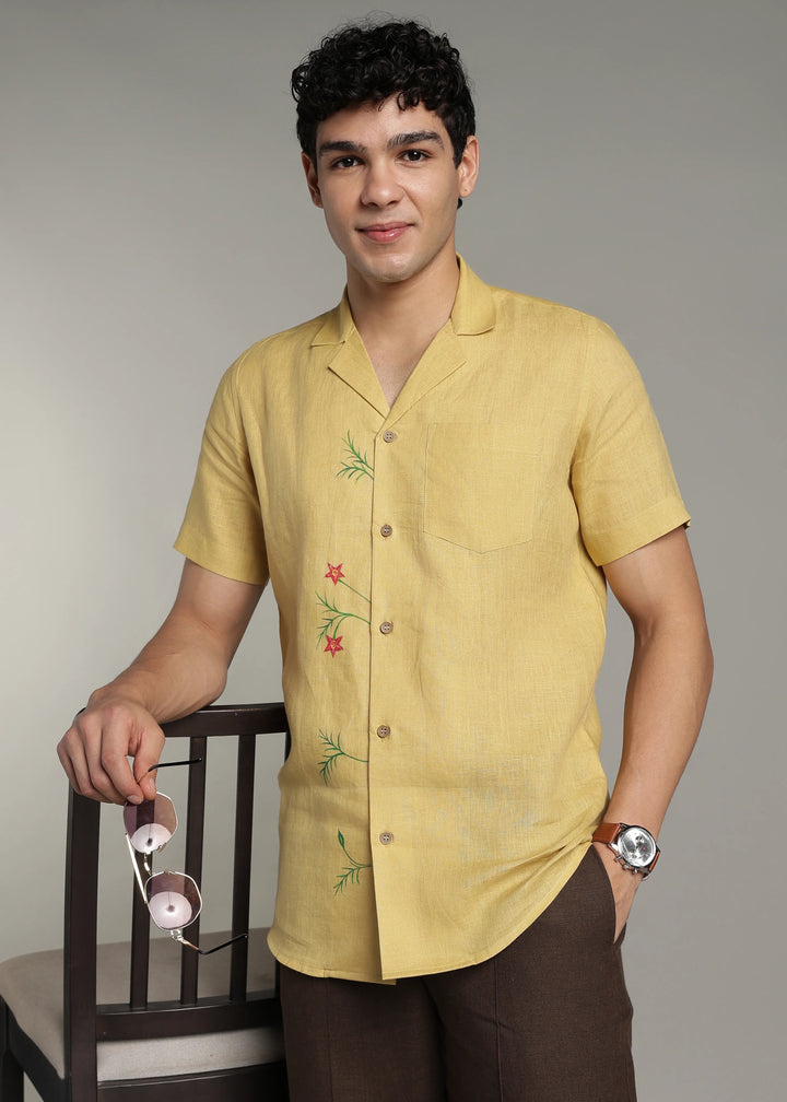 Hand-Painted Chethi - Pure Linen Half Sleeve Shirt - Sunburst Yellow