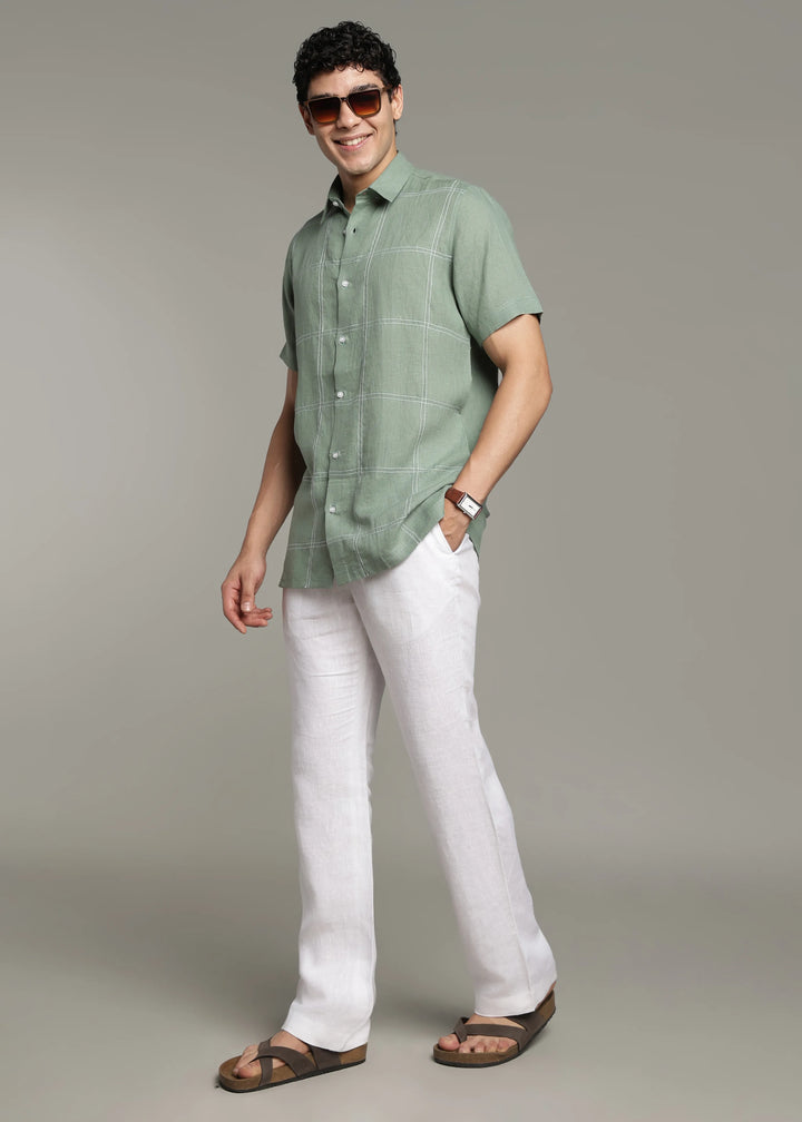 Mitch - Pure Linen Half Sleeve Stitch Detailed Checks Shirt - Spring Green