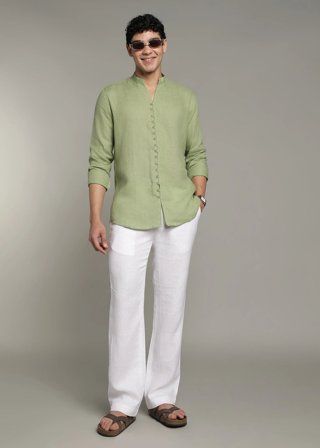 Yue - Pure Linen V Neck Full Sleeve Shirt - Peppermint Green