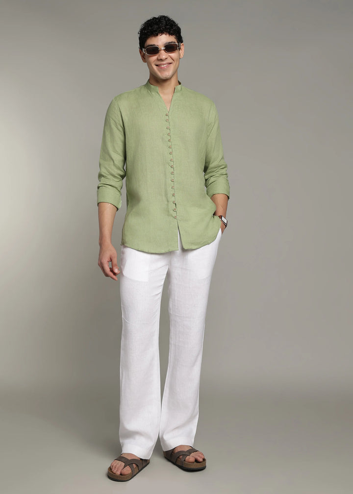 Yue - Pure Linen V Neck Full Sleeve Shirt - Peppermint Green