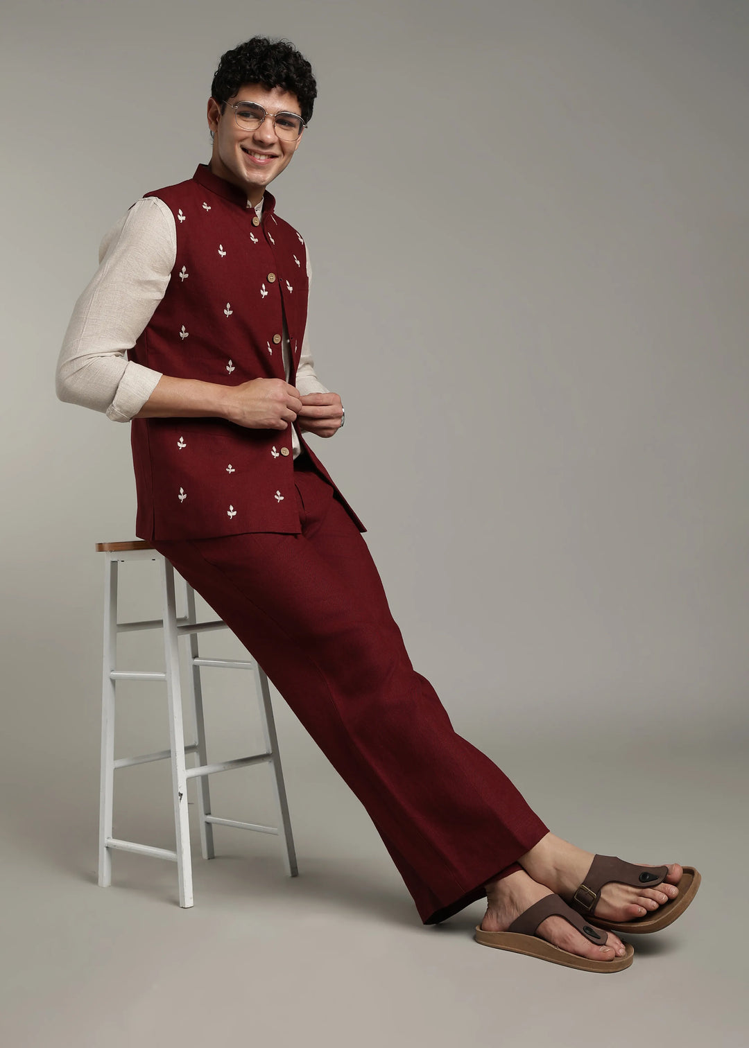 Gulzar - Hand Embroidered Pure Linen Nehru Jacket - Dark Maroon