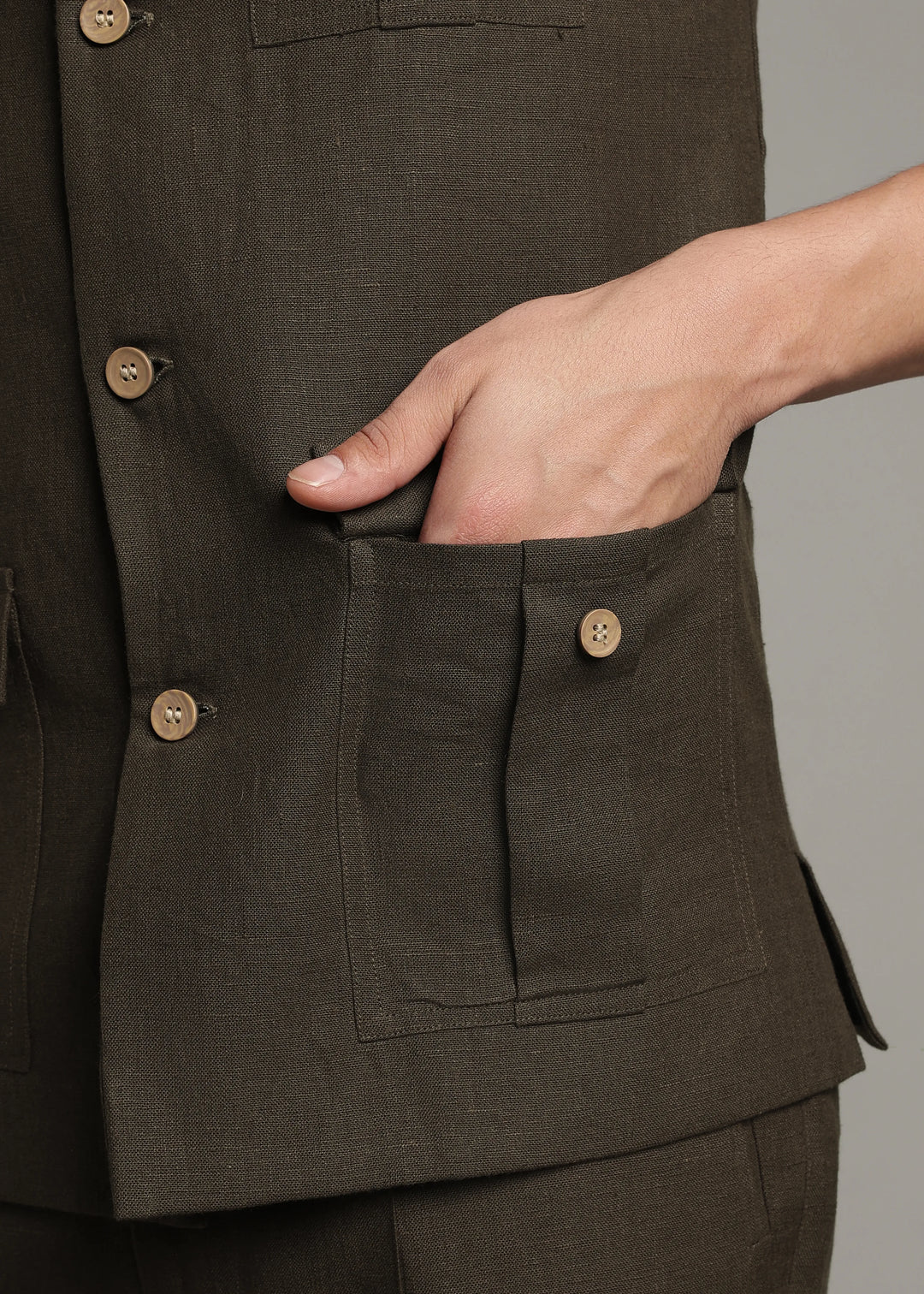 Safar - Multi Pocket Pure Linen Nehru Jacket - Camo Green