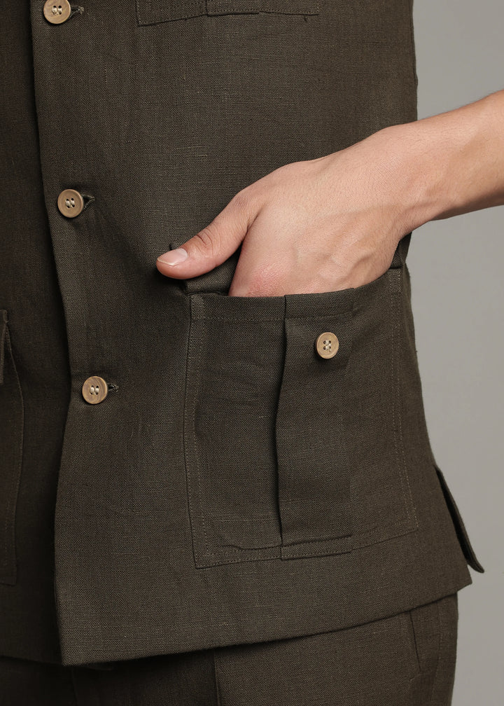Safar - Multi Pocket Pure Linen Nehru Jacket - Camo Green